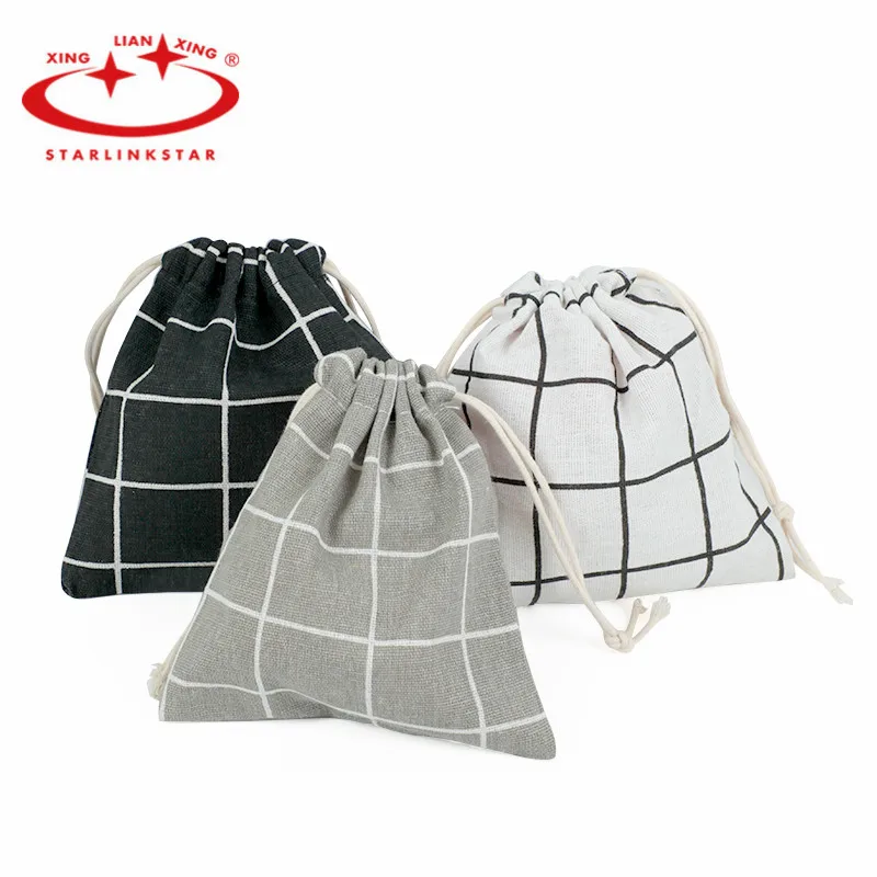 

1pcs Storage Bag Cotton And Linen Lattice Beam Storage Canvas Drawstring Cloth Tea Gift Bag Home Child Clothing Storage Bags