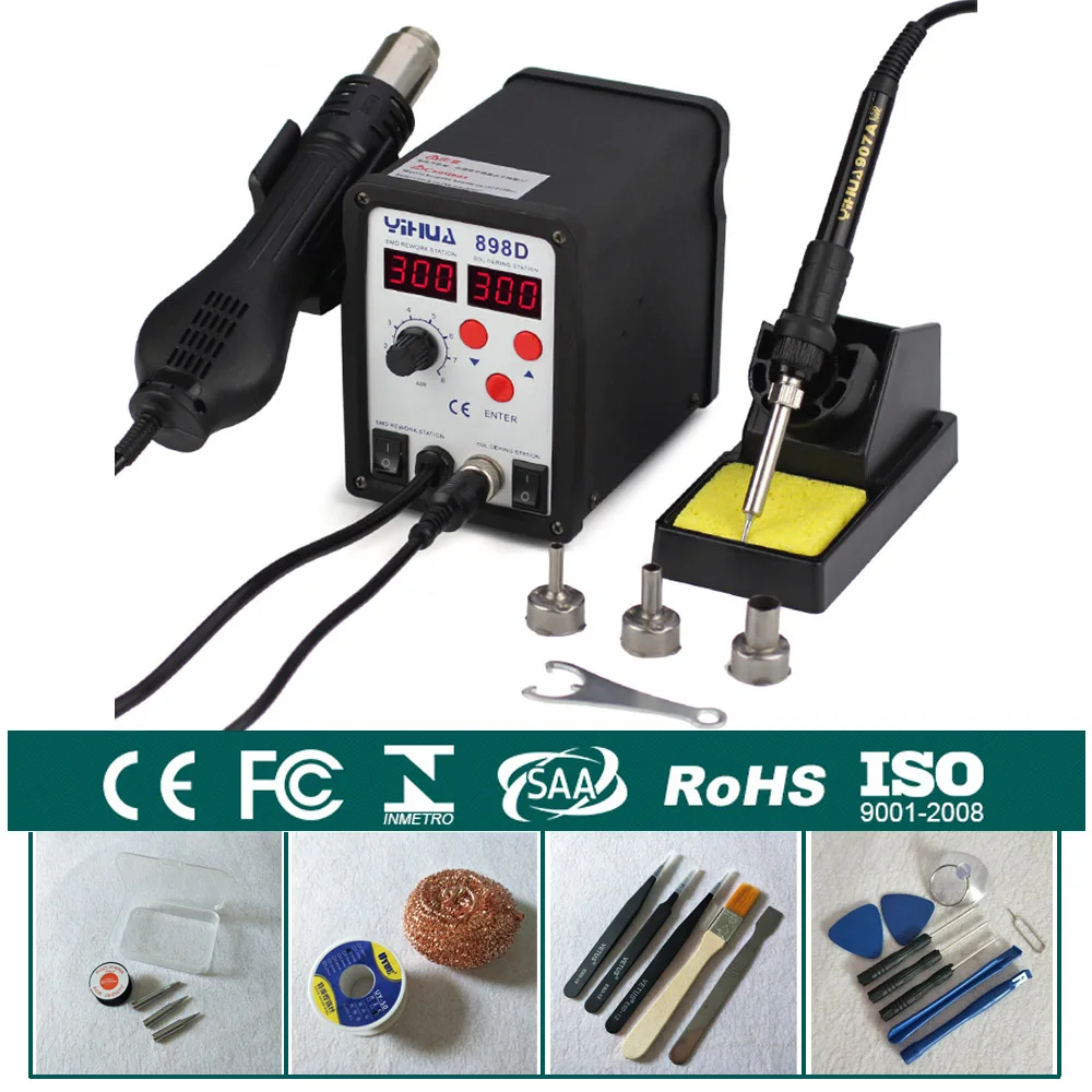 2 in1 Rework Station Hot Air Gun + Solder Iron SMD Hot Iron Soldering Station YIHUA 898D