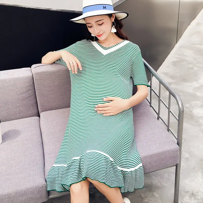 

Summer dress maternity dress new maternity dress knit maternity dress Korean fashion loose striped pregnancy skirt