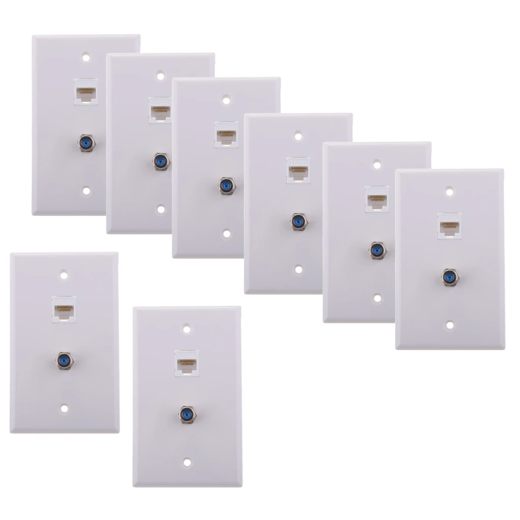 8x Coaxial F Connector Ethernet Network RJ45 Jack Wall Plate Socket Outlet
