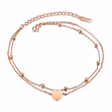 Модные очаровательные двухслойные ножные браслеты в форме сердца для женщин, розовое золото, нержавеющая сталь, женский браслет, ювелирное изделие, подарок
