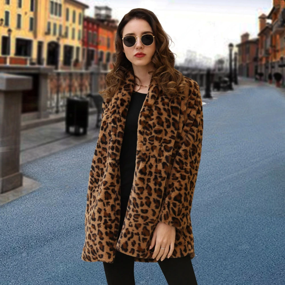 Abrigos de piel sintética de leopardo para mujer 2018, Chaqueta de punto gruesa para otoño e invierno, chaqueta abrigada de abrigo con de manga larga, prendas de vestir informales para mujer|Piel