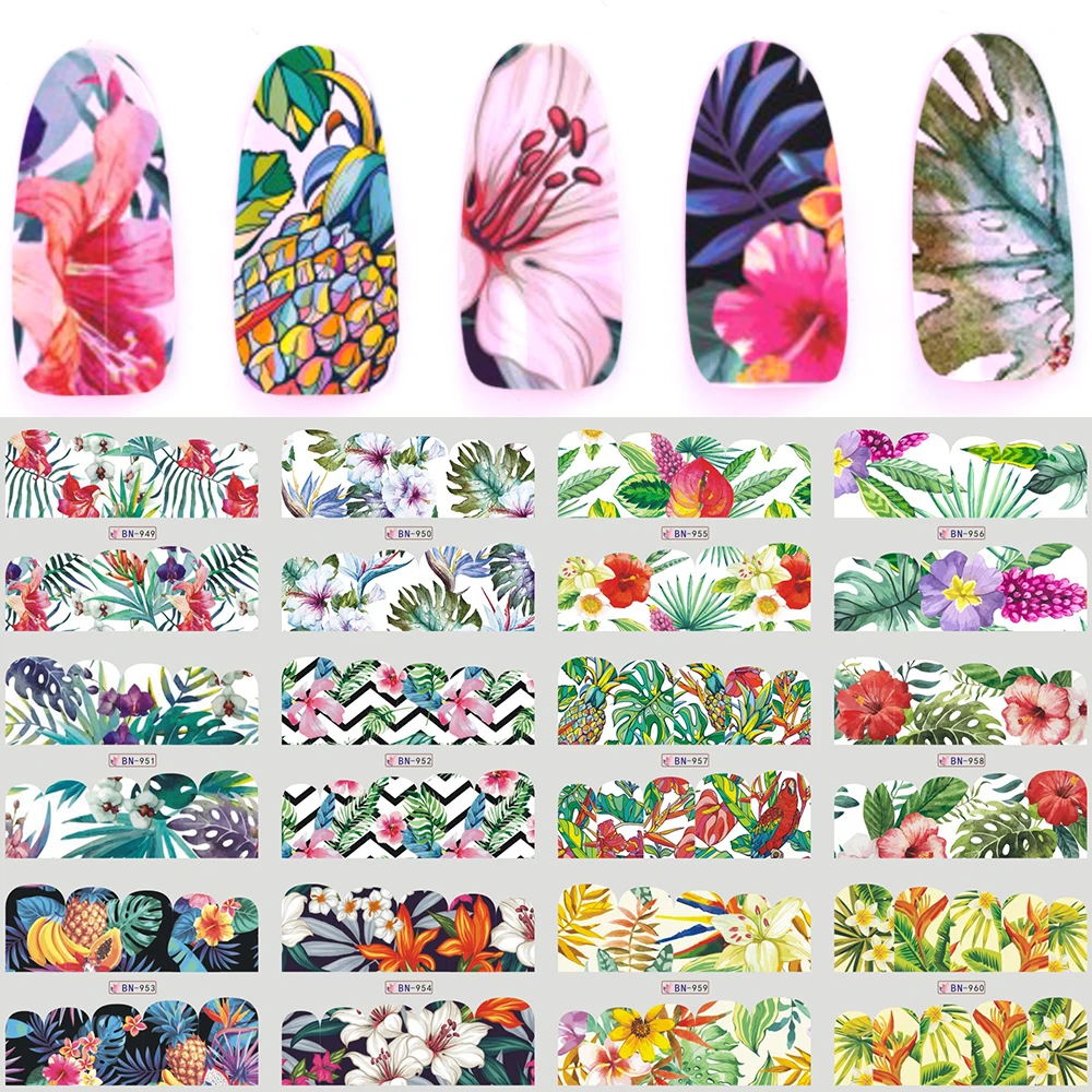 

12pcs/Set Nail Sticker Water Decals Flower Flamingo Fruit Green Jungle Summer Sliders Decoration for Nail Art Polish TRBN949-960