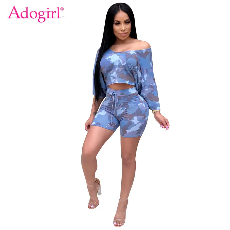 

Adogirl Camo Print Women Tracksuit Off Shoulder Batwing Sleeve Crop Top T Shirt Summer Shorts Casual Female Suit Sporting Outfit