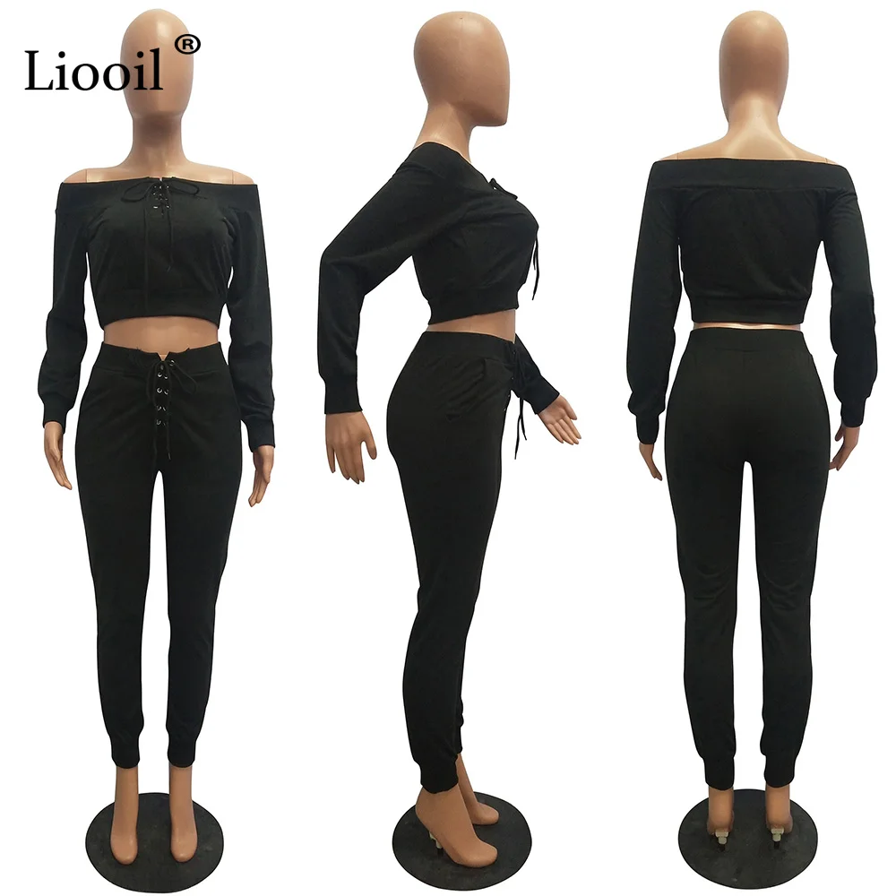 Liooil Off Shoulder 2pcs Active Set Women Outfits Sweatshirt Long Sleeve Crop Top And Pants Lace-Up Track Suits Woman Sets