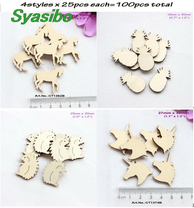 

(4styles, 100pcs/lot) 30mm Natural Blank Wooden Unicorn Horse Pineapple Hedgehog Party Oraments Rustic Wood Crafts 1.2"-ZH18