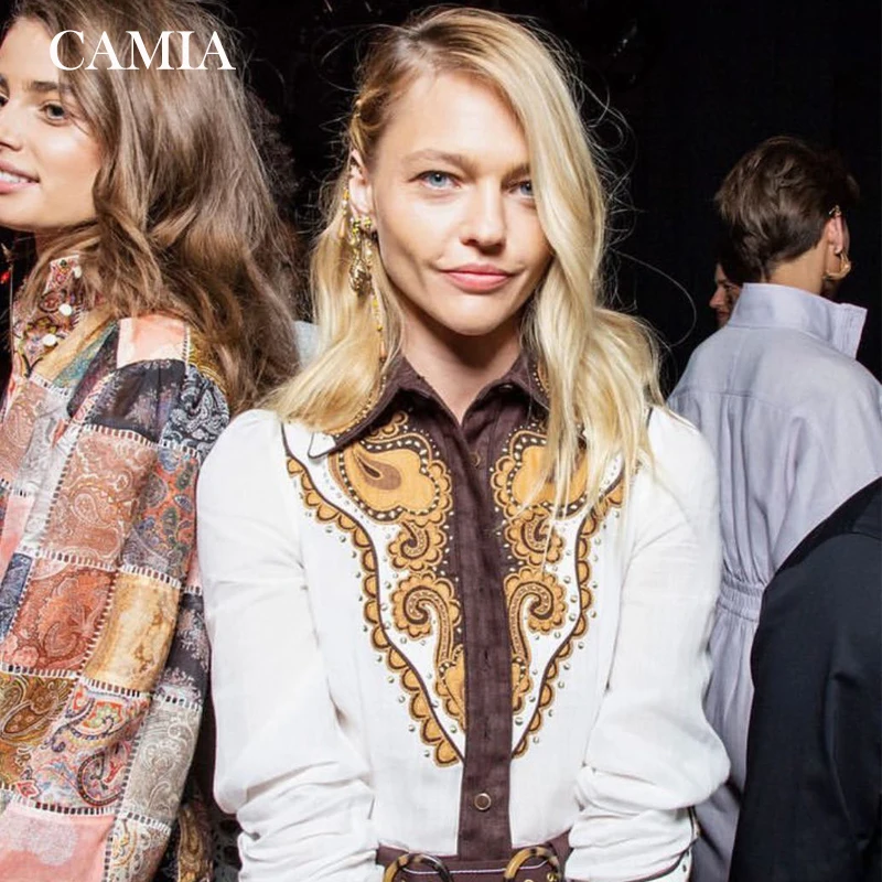 

CAMIA summer ladies suit retro style elegant embroidered lapel shirt + mini skirt suit new women's clothing