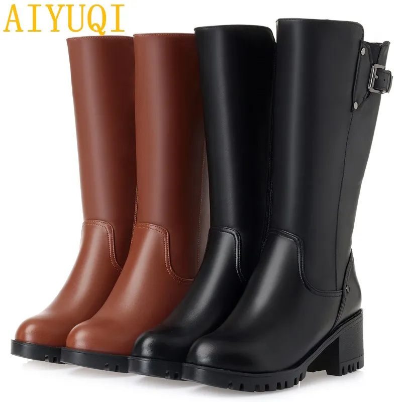 AIYUQI/ г. Новые женские зимние ботинки из натуральной кожи теплая плотная шерсть женские зимние ботинки Большие размеры 41, 42, 43, зимние ботинки на высоком каблуке