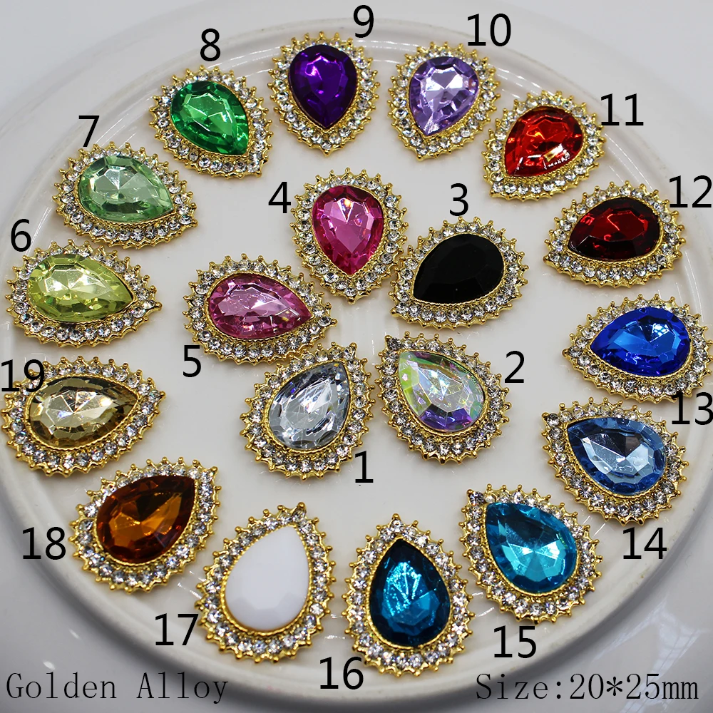 

20*25mm water drop wedding DIY 10pc rhinestone alloy many Color Diamond button golden plating,flat back, acrylic beads in middle