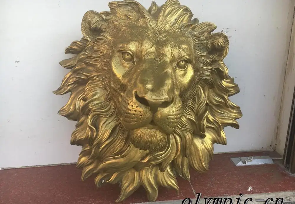

18'' classical Brass sculpture auspicious beast Lion Head home mural statue