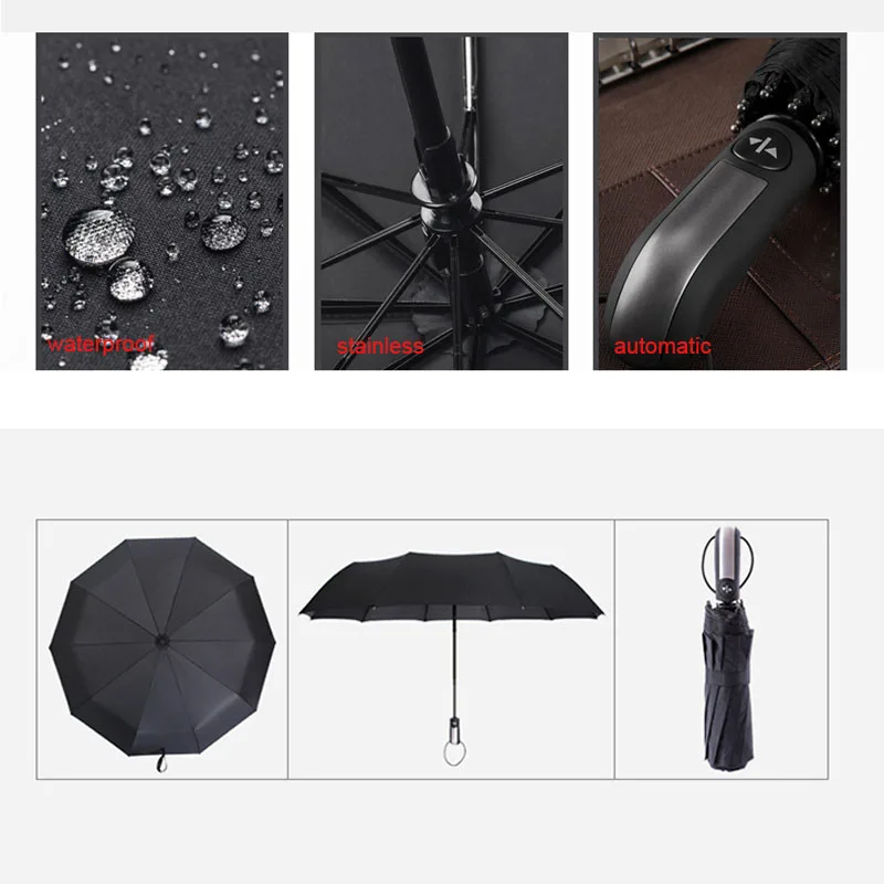 

Wind Resistant Folding Automatic Umbrella Rain Big Rain Parasol Umbrella Black Coating 10 Ribs @LS