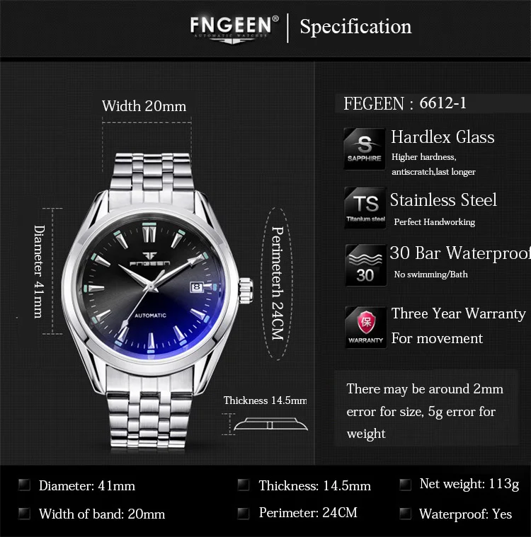 الرجال التلقائي الميكانيكية ووتش الأزرق الأيدي مع تقويم تاريخ montre أوم للماء reloj hombre FNGEEN 6612-1 الرجال التلقائي الميكانيكية ووتش الأزرق الأيدي مع تقويم تاريخ montre أوم للماء reloj hombre FNGEEN 6612-1