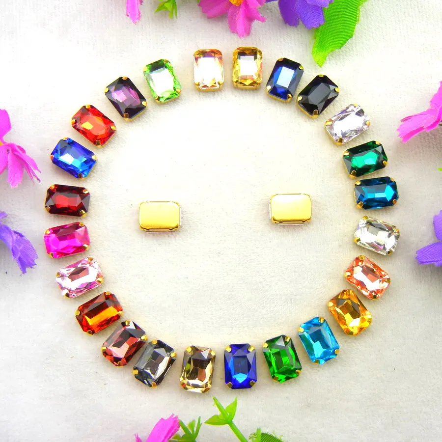 Glass Crystal Gold claw settings 7 Sizes Various colors Rectangle shape Sew on Crystals rhinestone beads garment handicraft diy