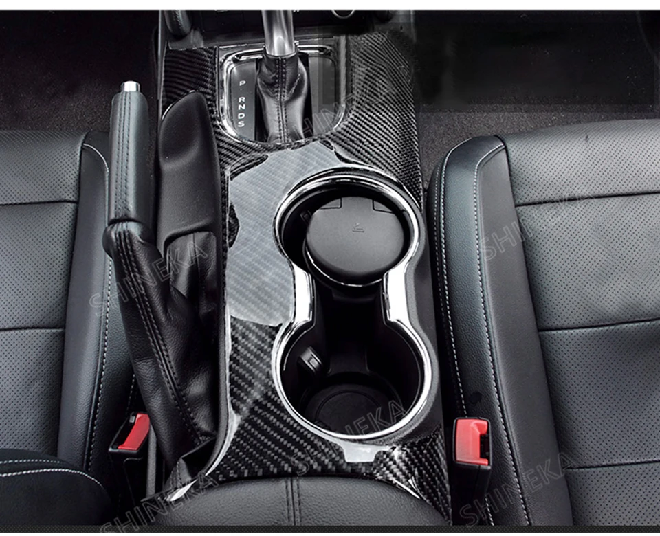 SHINEKA Carbon Fiber Car Interior Gear Shift Panel Cup Holder Decorative Cover Trim Stickers For Ford Mustang+ Accessories