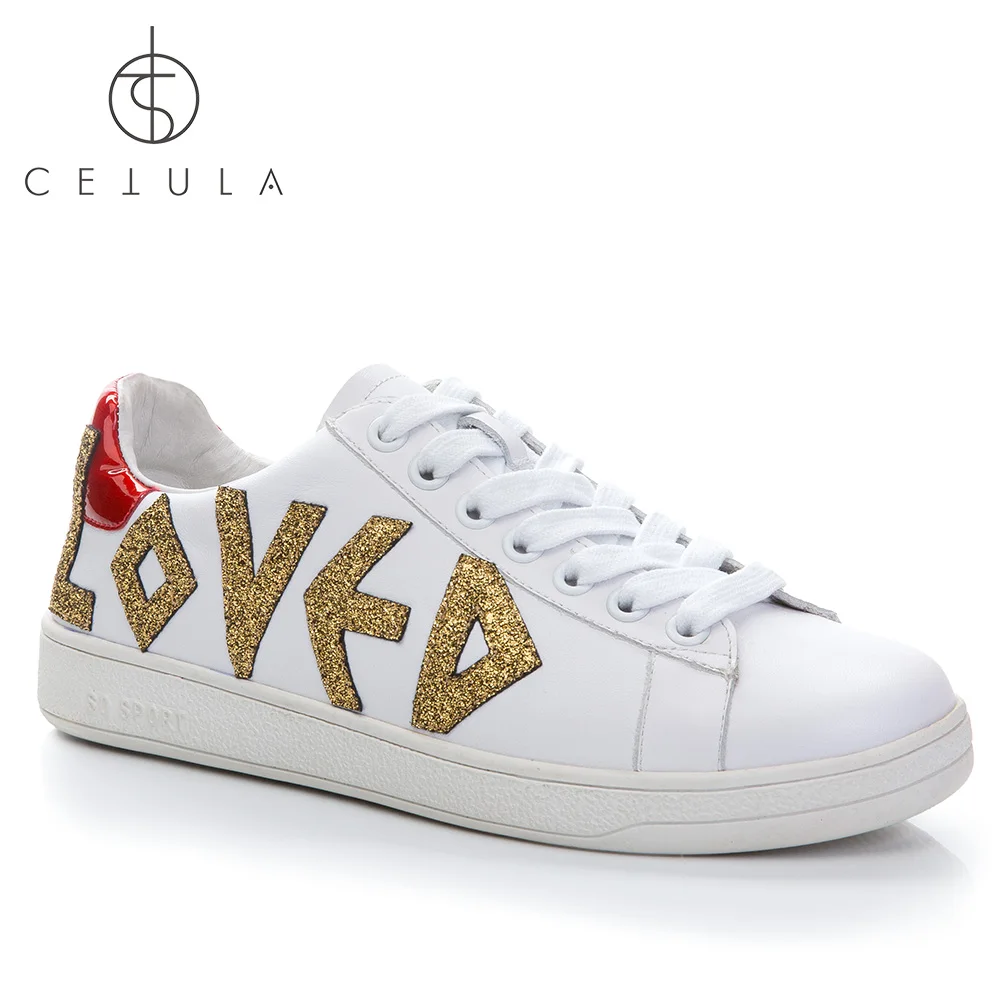 

@Cetula 2018 Handcrafted Old School Lace-up Casual Female Genuine Leather Sneaker With Glitter "LOVED" & Patent/Branded Counter