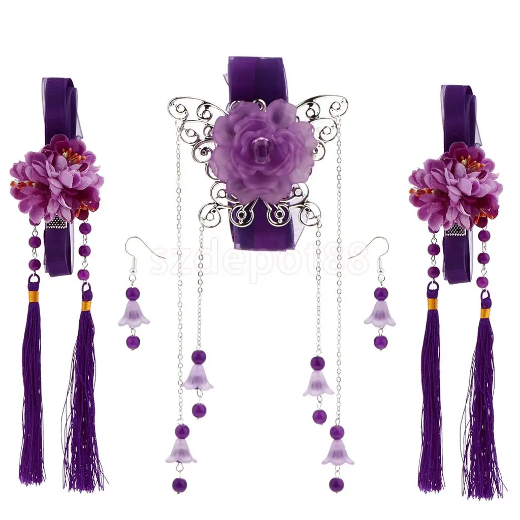 Ribbon Flower Chain Tassel Ancient Chinese Headdress Clip & Beads Dangle Earring Set Bridal Wedding Cosplay Party Hair Jewelry