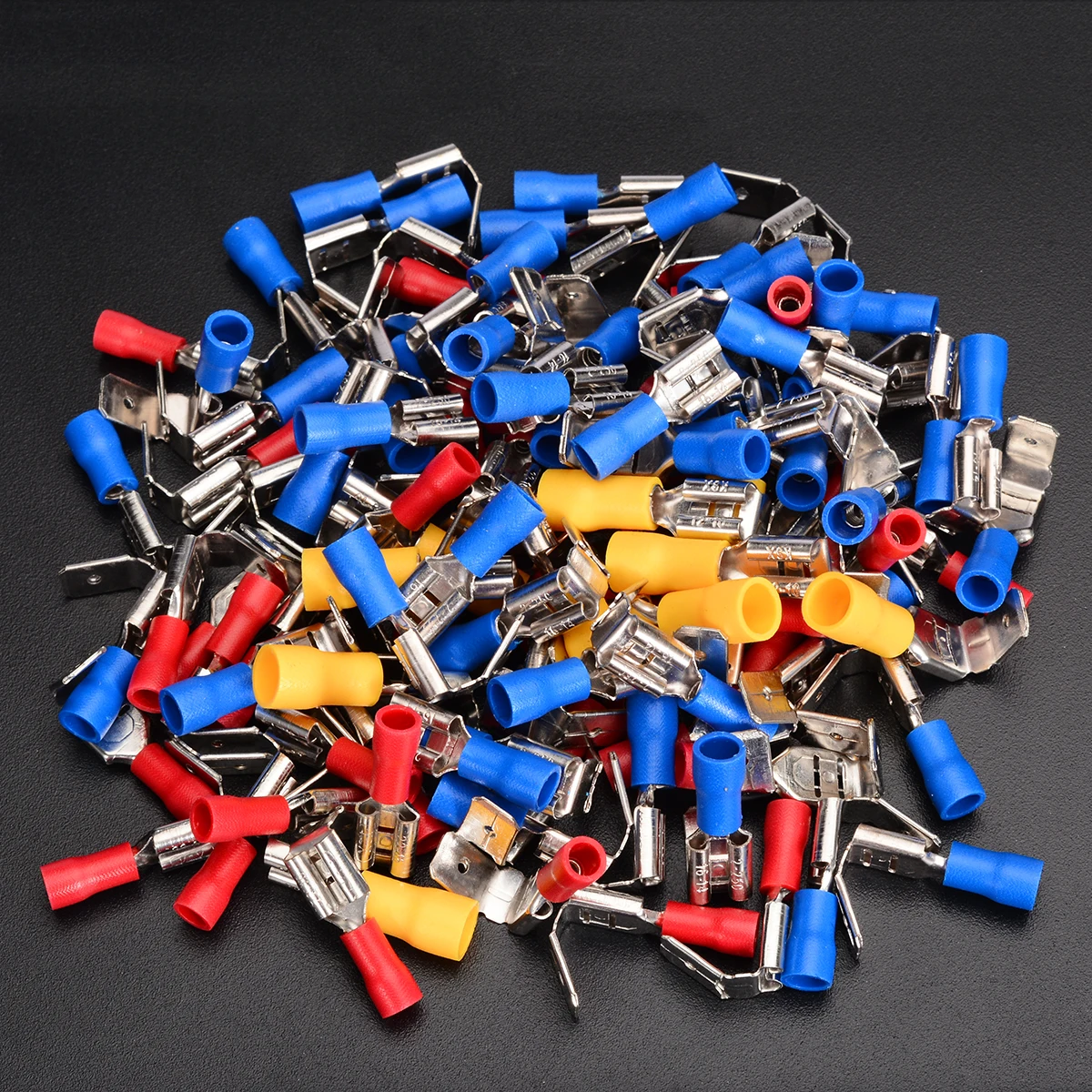 

100pcs 10-22AWG Insulated Piggyback Spade Crimp Electrical Red Blue Yellow Piggyback Terminals Connectors Assorted Kit Mayitr