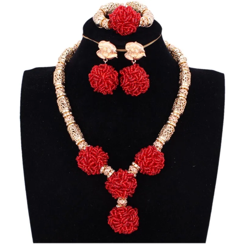 

4UJewelry Bridal Jewelry Sets For Women Red & Gold Balls Jewellery Set for Girls New Arrival African beads Necklace Earrings Set