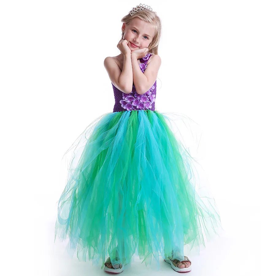 Mermaid Kids Princess Tutu Dress Purple Flowers Green Tulle Baby Girls (9)