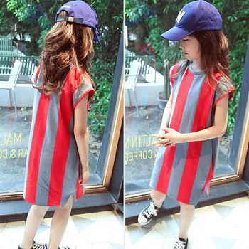 

618Crew Neck Girls Dresses NNGZ Summer 5 TO 14 Pocket Kids A-line Party Dresses Casual Stripe Cotton Girls Dresses