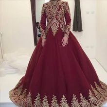 Eleganter Burgunder Muslimischen High Neck Abendkleider Mit Langen Ärmeln Gold Spitze Appliques Ballkleid Prom kleider Vestido de Festa