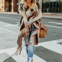 Женский кардиган средней длины, Осеннее Полосатое вязаное повседневное пальто, женский свободный джемпер, элегантная женская одежда, зимний свитер с кисточками