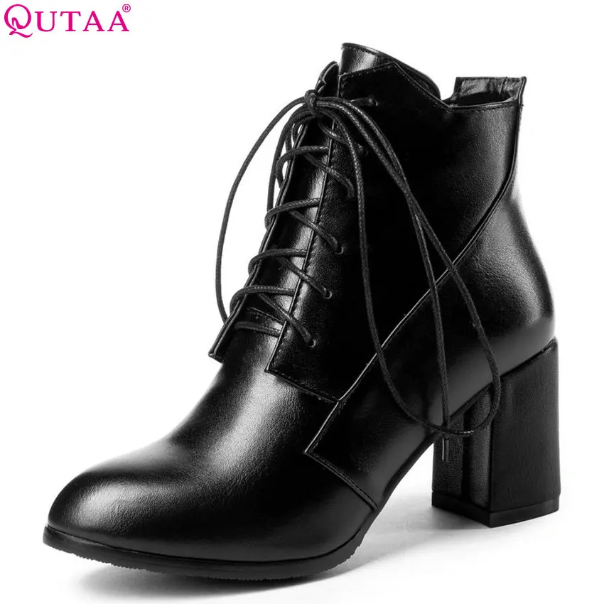 

QUTAA 2019 Women Ankle Boots Pu Leather Pointed Toe Winter Shoes Women Boots Platform Lace Up Black Women Boots Big Size 34-43