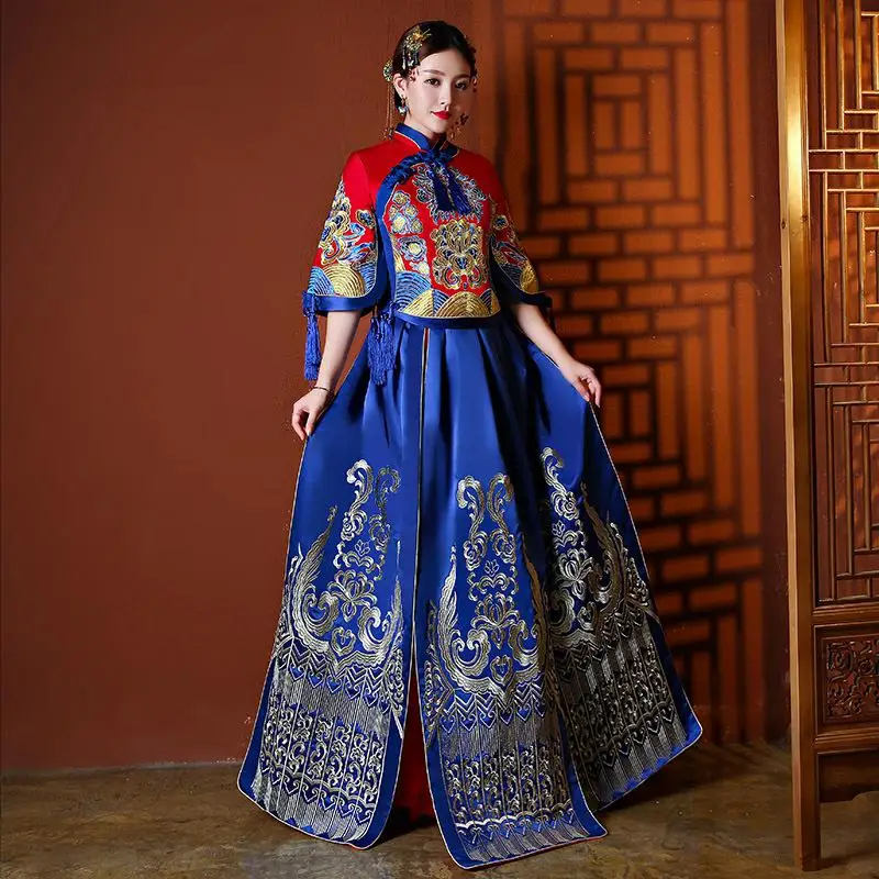 Винтаж Китайский Hanfu костюмы Красный классический цветок и Феникс Cheongsam костюм 2 шт. Элегантные Свадебные Вышивка Qipao Vestidos - Цвет: Blue Flower A