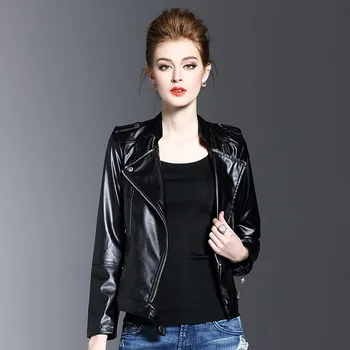 

Women Leather Jacket Coat 2019 Spring New Vogue Female Long Sleeve Slim Fashion Short Locomotive Black Zipper Coat