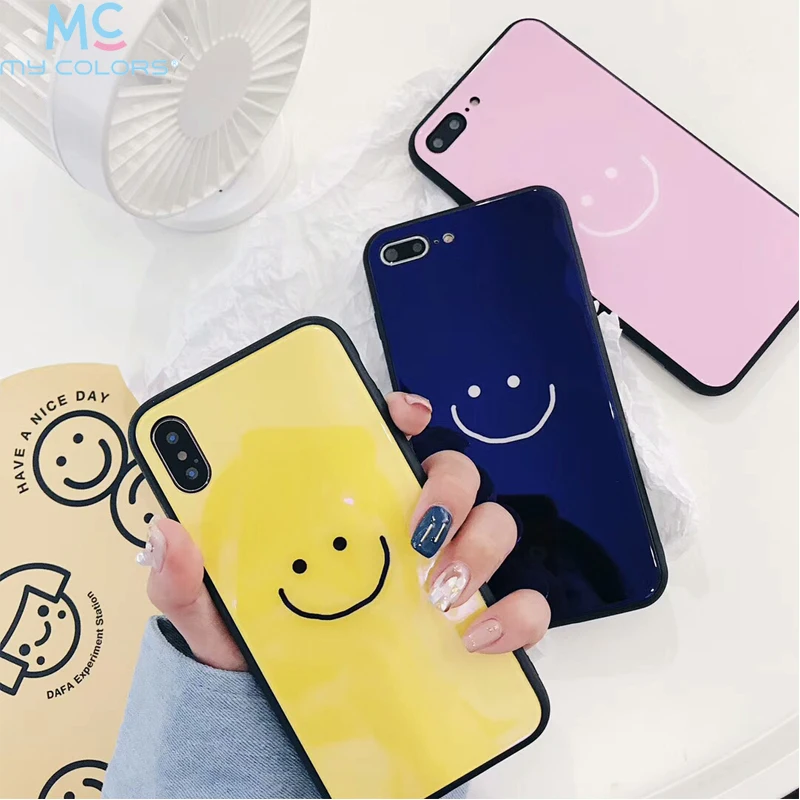 Мой Цвета закаленное Стекло чехол для iPhone 6 Plus смайлик задняя крышка 6s 7 плюс 8X10
