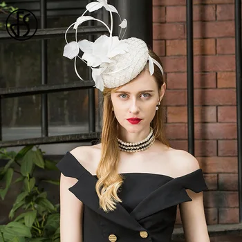 

FS Ladies Fascinators For Wedding Hats White Women Elegant Church Tea Party Hat Cocktail Sinamay Derby Vintage Flower Fedora