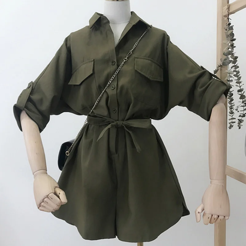 army green Женские комбинезоны с широкими штанинами и высокой талией, комбинезон с длинными рукавами и поясом, комбинезон с отложным воротником, летний Свободный Повседневный комбинезон на пуговицах - Цвет: army green