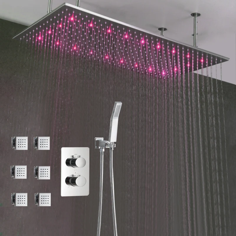 40*80cm SUS Big Rain Shower Set LED Bathroom Shower Faucets Ceiling Mounted Thermostatic Shower