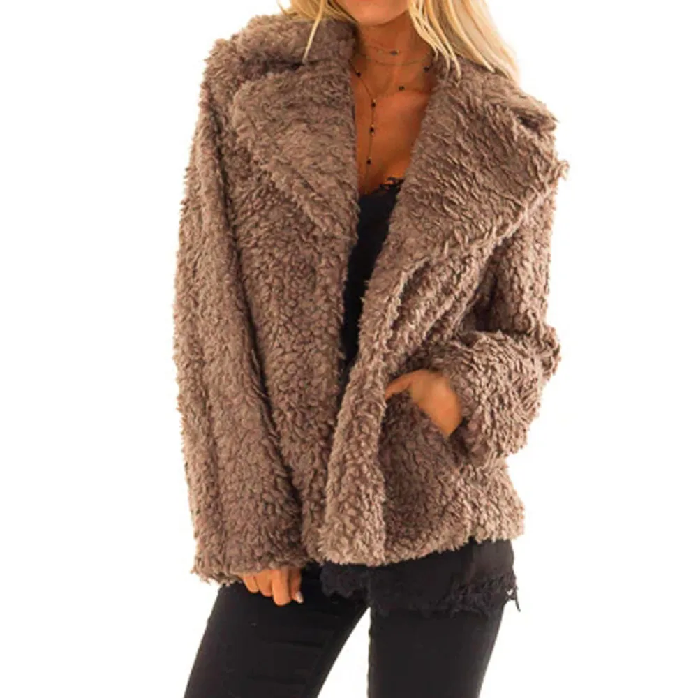 

2018 Fashion Women Winter Coat Solid Long Sleeve Fleece Ladies Parka Coat Open Front Loose Short Coat Jacket Outwear