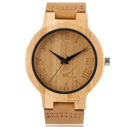 Модные ручной бамбука деревянный мужские кварцевые часы Роман Numerials пиратский череп резьба набора натуральная кожа подарок для мужской