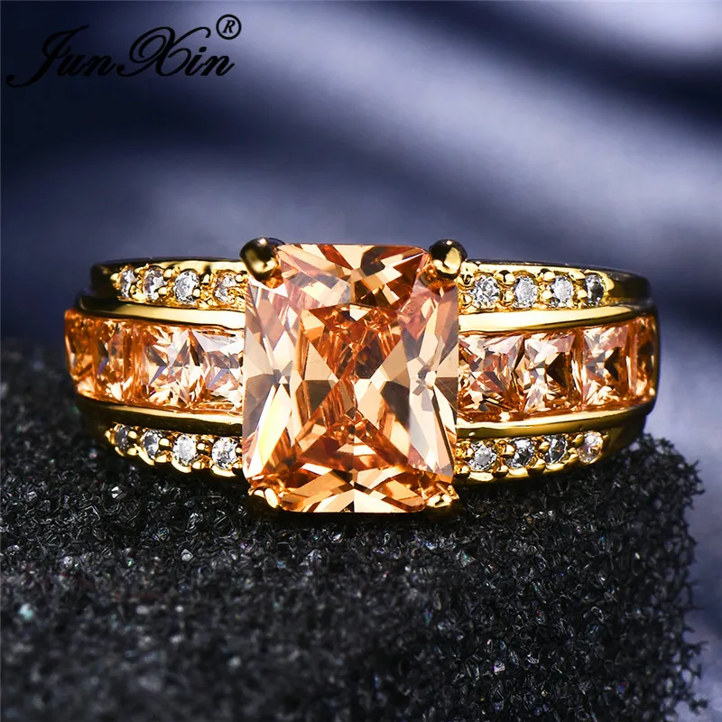 JUNXIN Brand Female Champagne Stone Square Birthstone Rings For WomenZircon Vintage Wedding Bands Yellow Gold Crystal Ring Gifts