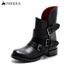 Nikbea Mode Motorradstiefel Schwarz Stiefeletten für Frauen Stiefel Flache Handmade Winter Booties 2016 Marke Herbst Damen Schuhe