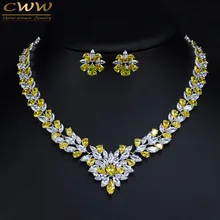 CWWZircons сверкающий желтый кубический цирконий свадебное ожерелье серьги набор для женщин Роскошные свадебные ювелирные изделия аксессуары T262