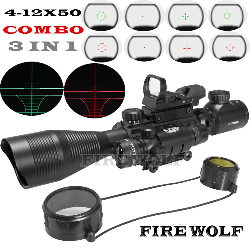 

FIRE WOLF 4-12X50 Illuminated Rangefinder Reticle Rifle Scope Holographic 4 Reticle Sight Red Green Laser Combo Riflescope