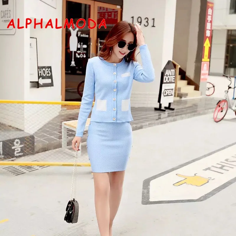 

ALPHALMODA 2018 Autumn OL Graceful Knit Cardigans + Wrap Hip Skirt 2pcs Sets Slim Long-sleeved Knitted Outfit + Step Skirt Suits