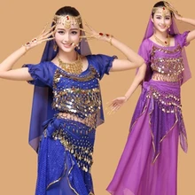 Стиль танец живота комплект одежды индийская одежда для выступлений 4 шт.-7 шт. короткий рукав, юбка, пояс, повязка на голову, браслет, ожерелье и серьги