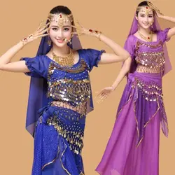 Новый стиль танец живота комплект одежды индийский Производительность одежда 4 шт.-7 шт. с коротким рукавом и юбка и пояс и оголовье и