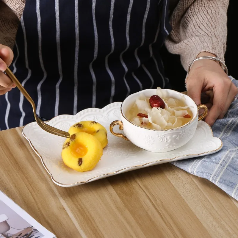 

Golden Elegant Emboss White Ceramic Double Handle Breakfast Cup Dessert Bowl Soup Mug Porcelain Tableware Set Plate Dish Tray