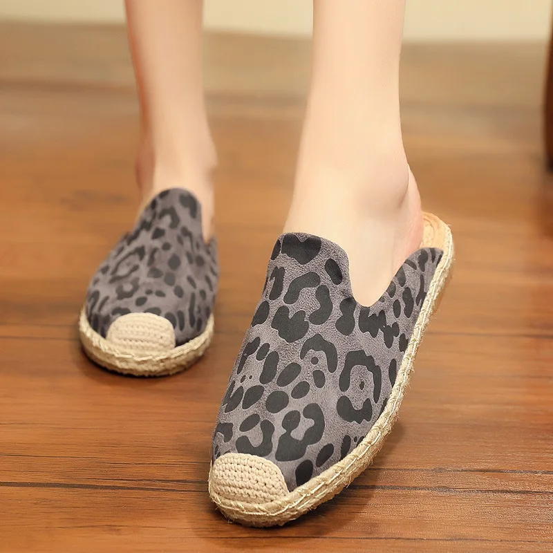 

Summer Leisure Women's Leopard Print Flat Cloth Shoes Hemp Straw Women Mules Shoes