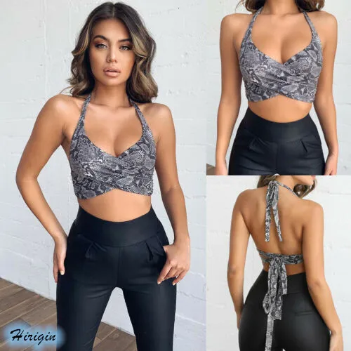 Summer Women Sexy Snake Print Crop Tops 2019 New Women Summer Sexy Halter Lace Up V-Neck Snake Print Crop Tops