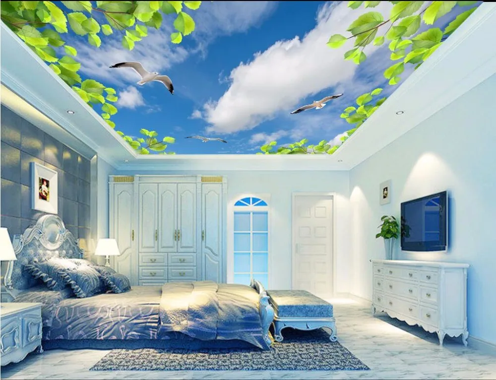 

Custom photo 3d ceiling murals wallpaper Fresh green leaves and blue sky room painting 3d wall murals wallpaper for walls 3 d