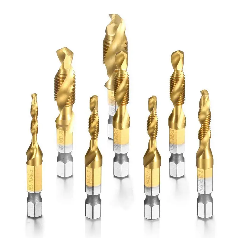 

8pcs HSS Countersink Tap Drill Bit Set, Combination Hex Shank Titanium Screw Thread Metric Tap Drill for Wood Plastic Aluminum