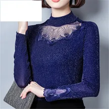 Новая мода Половина Водолазка Осень Зима рубашки топы свободного покроя размера плюс Женская Весенняя Кружевная футболка с длинным рукавом X141