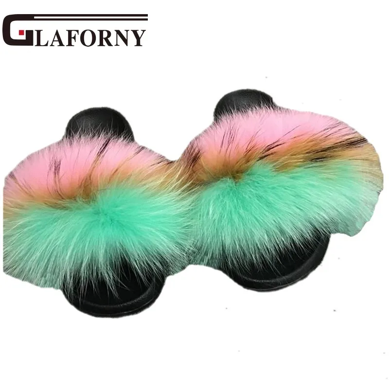 comprar Glaforny Nova Pele De Guaxinim Pele De Raposa Slides Mista Chinelos Mulheres Moda Outono Verão Sapatos Sandálias Interior Quente Raposa Sapatos De Pele