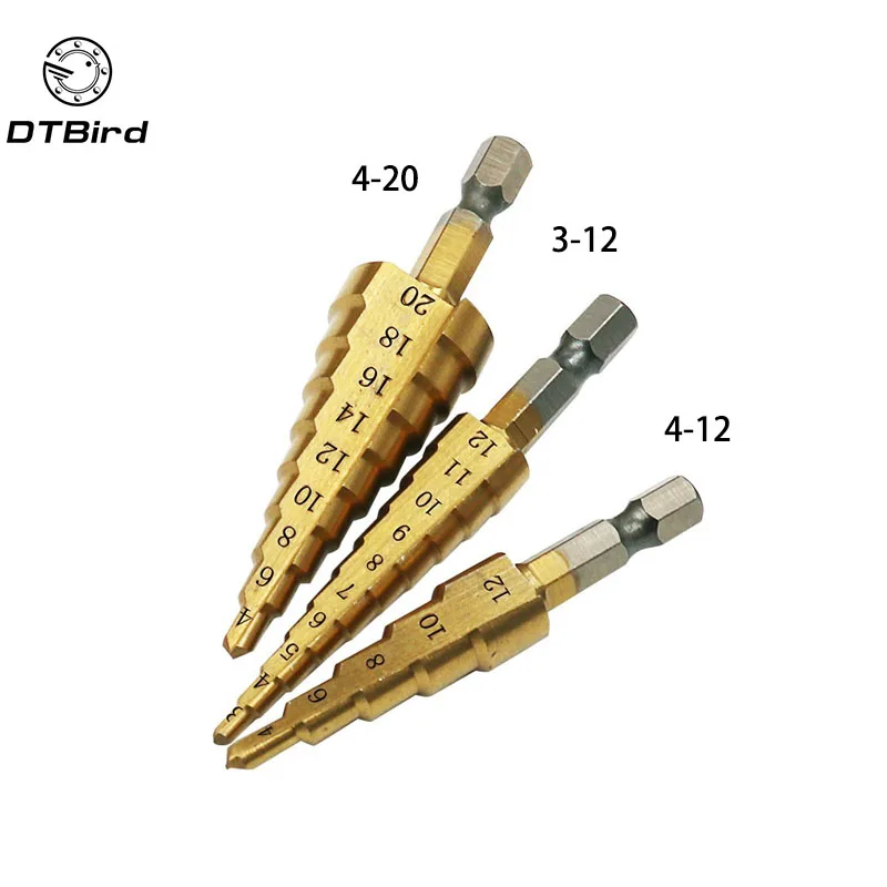 3pcs Hss Steel Titanium Step Drill Bits 3-12mm 4-12mm 4-20mm Step Cone Cutting Tools Steel Woodworking Wood Metal Drilling Set 3pcs Hss Steel Titanium Step Drill Bits 3-12mm 4-12mm 4-20mm Step Cone Cutting Tools Steel Woodworking Wood Metal Drilling Set